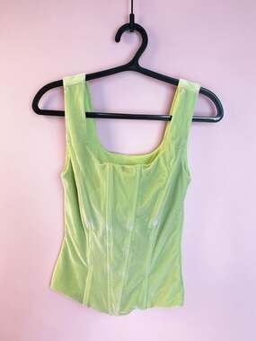 Vintage Coty Lime Green Velvet Corset Style Square Neck Bodice Top - Small